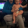 Zander joined the competition — help win amazing prizes! baby, carpet, chair, child, clothing, computer_screen, diaper, facial_hair, furniture, gaming_steering_wheel, happy, indoor, man, pants, person, room, sitting, smile, sweatshirt, tattoo