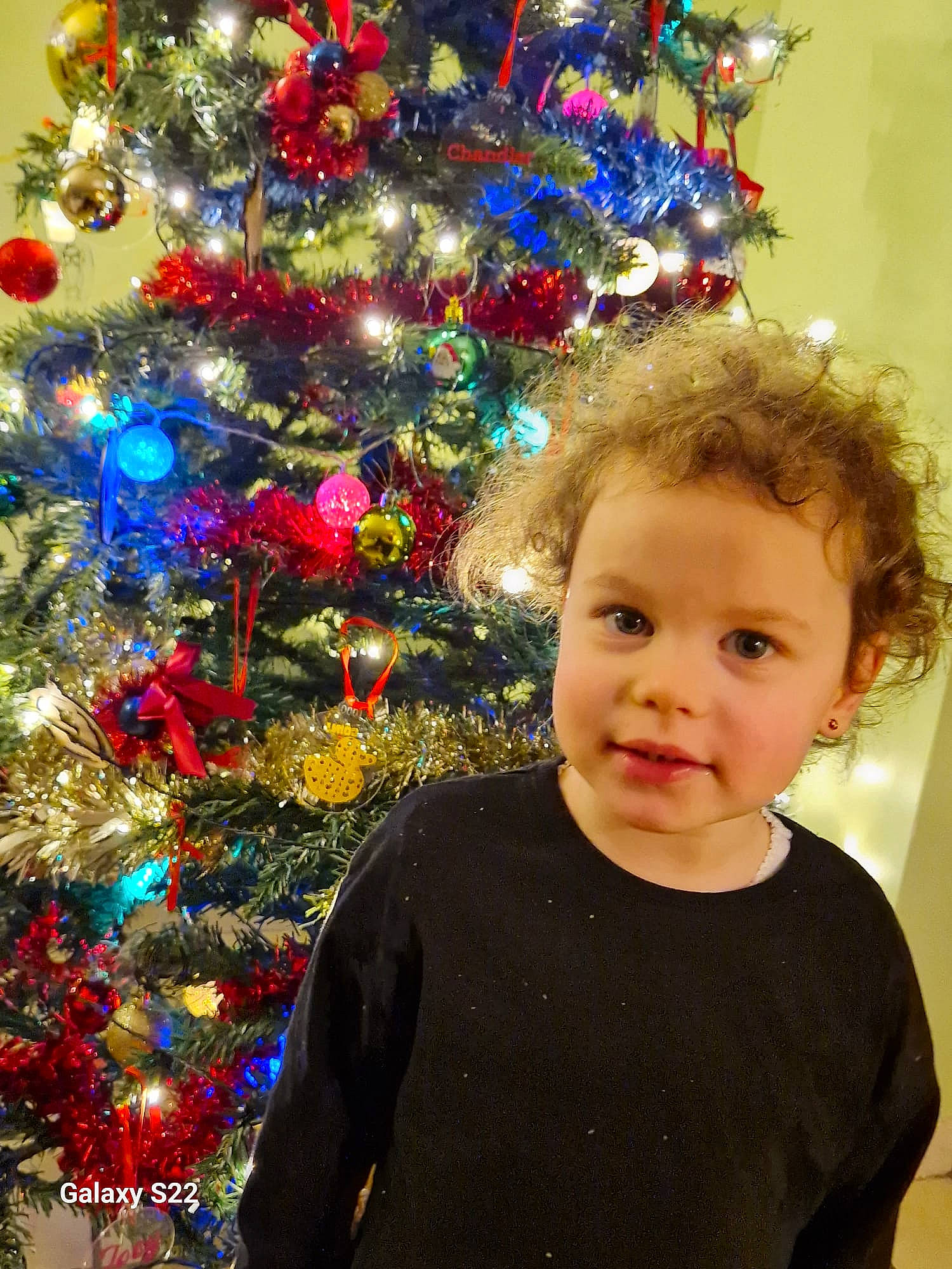 Rafaëlle a rejoint le concours — aidez-le/la à gagner de superbes lots ! baby_toddler_clothing, cheek, christmas, christmas_decoration, christmas_ornament, christmas_tree, event, evergreen, fun, happy, head, holiday_ornament, human_body, ornament, person, plant, standing, toddler, tree, white