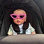 baby, sunglasses, stroller, child, seatbelt, black, pink, flower, cute, infant, clothing, portrait, head, face, person, babywearing, sunshade, fashion, accessory, seat
