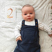 Ulysse a rejoint le concours — aidez-le/la à gagner de superbes lots ! baby, infant, child, milestone_card, two_months, blanket, onesie, overalls, buttons, portrait, lying_down, wide_eyes, hand, soft_texture, card, text_on_blanket, indoor, neutral_background, cute, photography