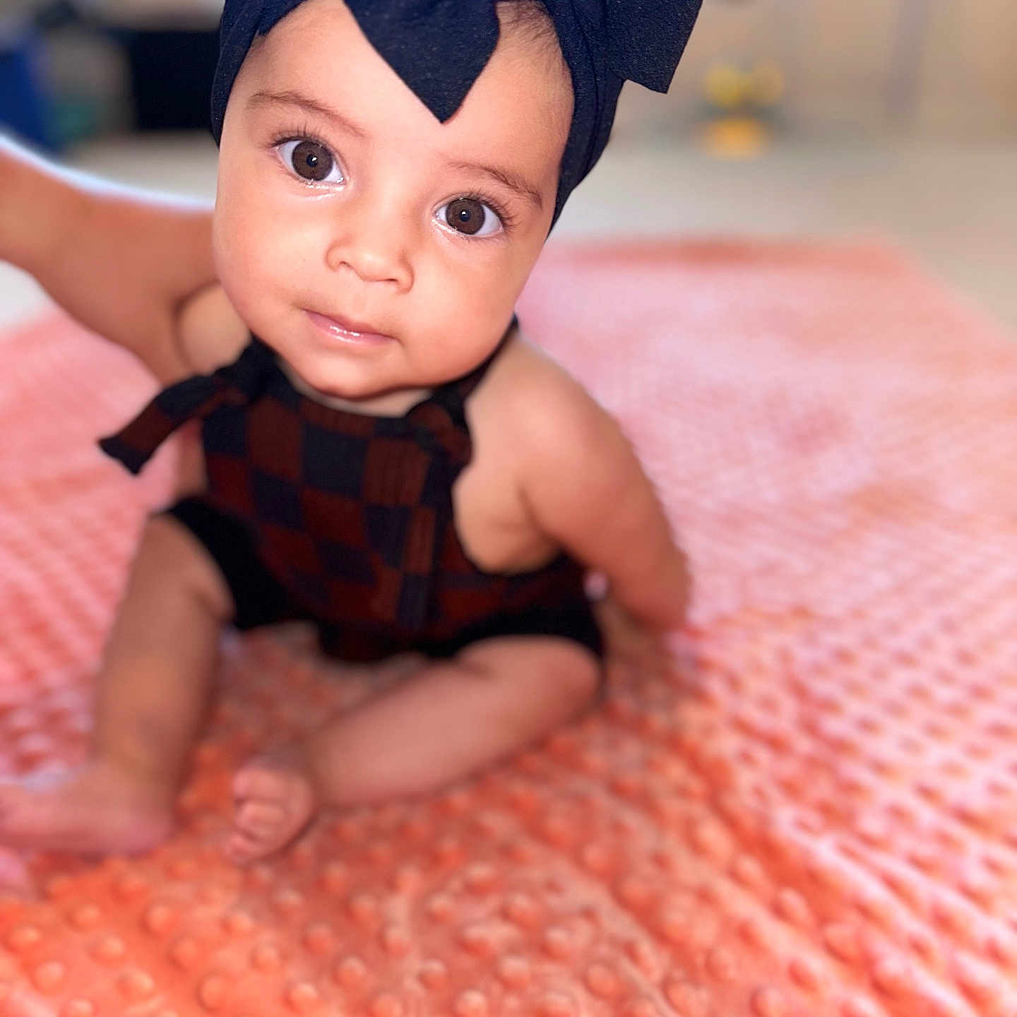 Arabella joined the competition — help win amazing prizes! baby, bodypart, bonnet, cap, clothing, crawling, dress, face, finger, formalwear, hand, hardwood, hat, head, newborn, person, photography, portrait, turban, wood