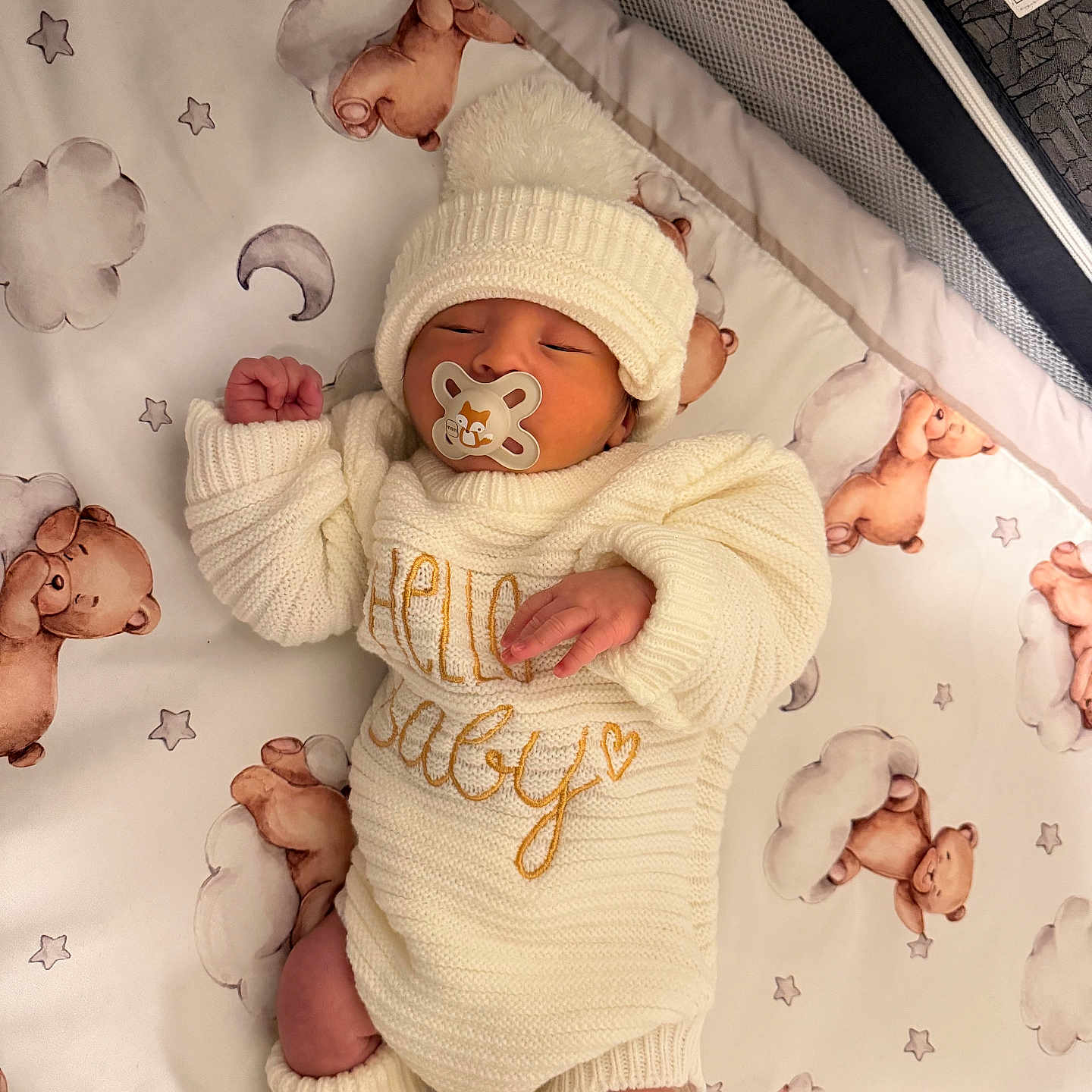 Eidan joined the competition — help win amazing prizes! baby, baby_clothing, bed, blanket, child, cozy, cute, indoors, infant, knit_booties, knit_hat, knit_outfit, newborn, pacifier, peaceful, resting, sleeping, sleepwear, soft_lighting, teddy_bear