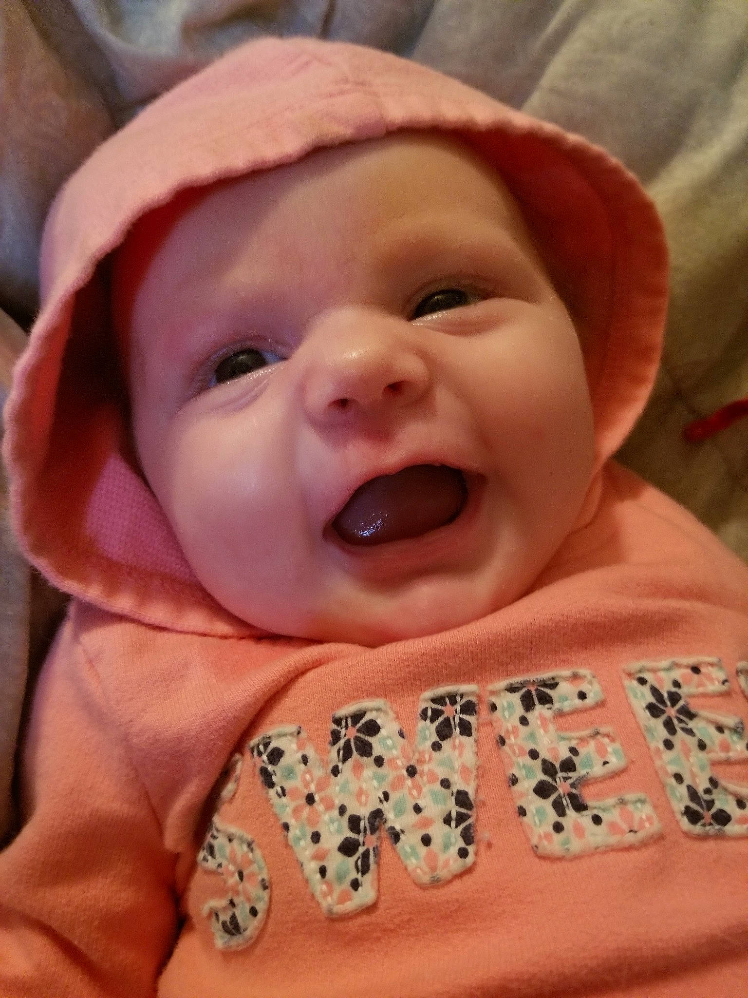 Haidyn is registered to the contest to win money with this photo: baby, baby_laughing, baby_making_funny_faces, cheek, child, facial_expression, headwear, laugh, mouth, person, smile, toddler, yawn