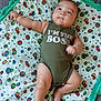 Adriel Y Alberto is registered to the contest to win money with this photo: arm, baby, bedding, blanket, bracelet, chubby_cheeks, colorful, cute, face, green_onesie, indoor, infant, leg, looking_up, onesie, patterned_blanket, playful, portrait, smiling, text_on_clothing