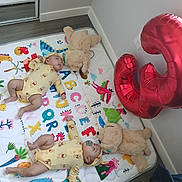 Adriel Y Alberto is registered to the contest to win money with this photo: baby, balloon, colorful, cuteness, floor, infant, lying_down, mirror, number_balloon, nursery, onesie, pacifier, pattern, play_mat, playful, reflection, stuffed_animal, teddy_bear, twins, wall