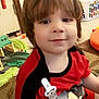 Deca joined the competition — help win amazing prizes! toddler, child, smiling, red_clothing, mickey_mouse, toy, indoor, carpet, playtime, person, brown_hair, cute, young_child, plastic_toy, laundry_basket, furniture, home, floor, baby, curious