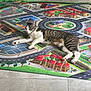 cat, tabby, animal, pet, lying_down, play_mat, toy_cars, indoor, floor, tiles, colorful, relaxed, sleeping, striped, white_paws, background_toys, room, home, resting, cute