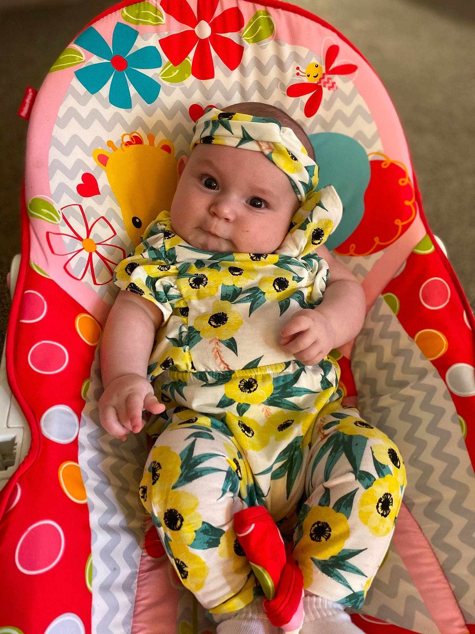 Emory Kate joined the competition — help win amazing prizes! baby, baby_toddler_clothing, chair, child, comfort, face, facial_expression, fun, happy, head, headwear, human, pattern, person, pink, product, skin, sleeve, smile, textile