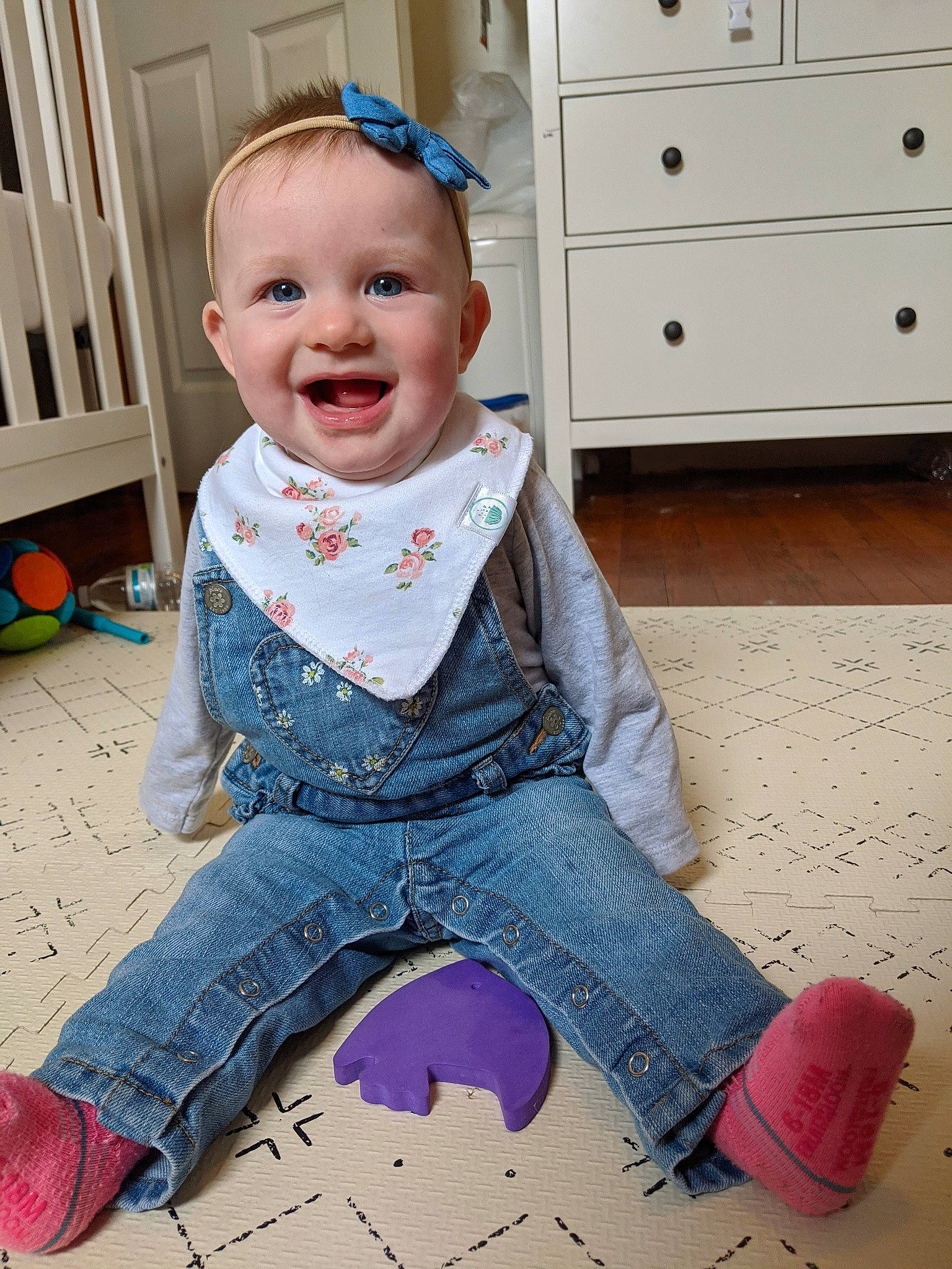 Veronica joined the competition — help win amazing prizes! baby, baby_toddler_clothing, cheek, child, flooring, footwear, head, jeans, joy, leg, pattern, person, pink, play, shoe, sitting, skin, sleeve, smile, standing