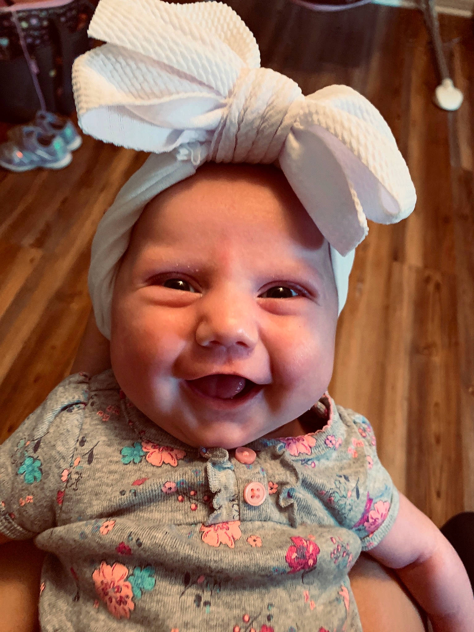 Avaleigh is registered to the contest to win money with this photo: baby, bonnet, cheek, child, ear, face, happy, hat, head, headgear, person, skin, smile, toddler