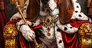Figi a rejoint le concours — aidez-le/la à gagner de superbes lots ! animal, basset_hound, costume, crown, decor, dog, furniture, gold, indoor, jewel, jewelry, king, luxury, portrait, red_curtains, red_robe, regal, royalty, scepter, throne