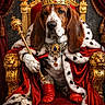 basset_hound, dog, crown, jewelry, red_robe, throne, gold, scepter, royalty, luxury, portrait, costume, animal, regal, indoor, red_curtains, furniture, jewel, king, decor