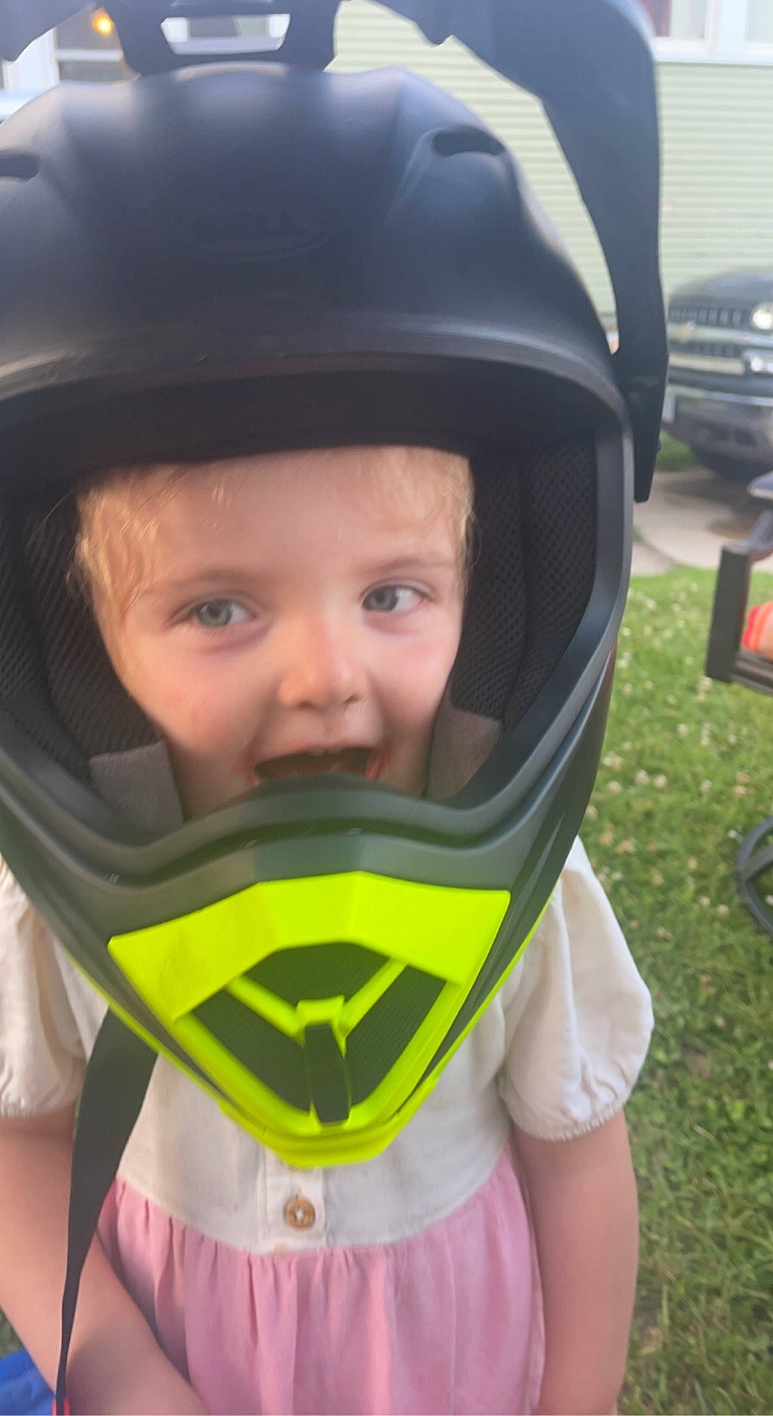 Nova joined the competition — help win amazing prizes! baby, cheek, chin, cool, eye, eyewear, face, grass, happy, head, headgear, headwear, helmet, motorcycle_helmet, nose, person, personal_protective_equipment, sports_equipment, sports_gear, toddler