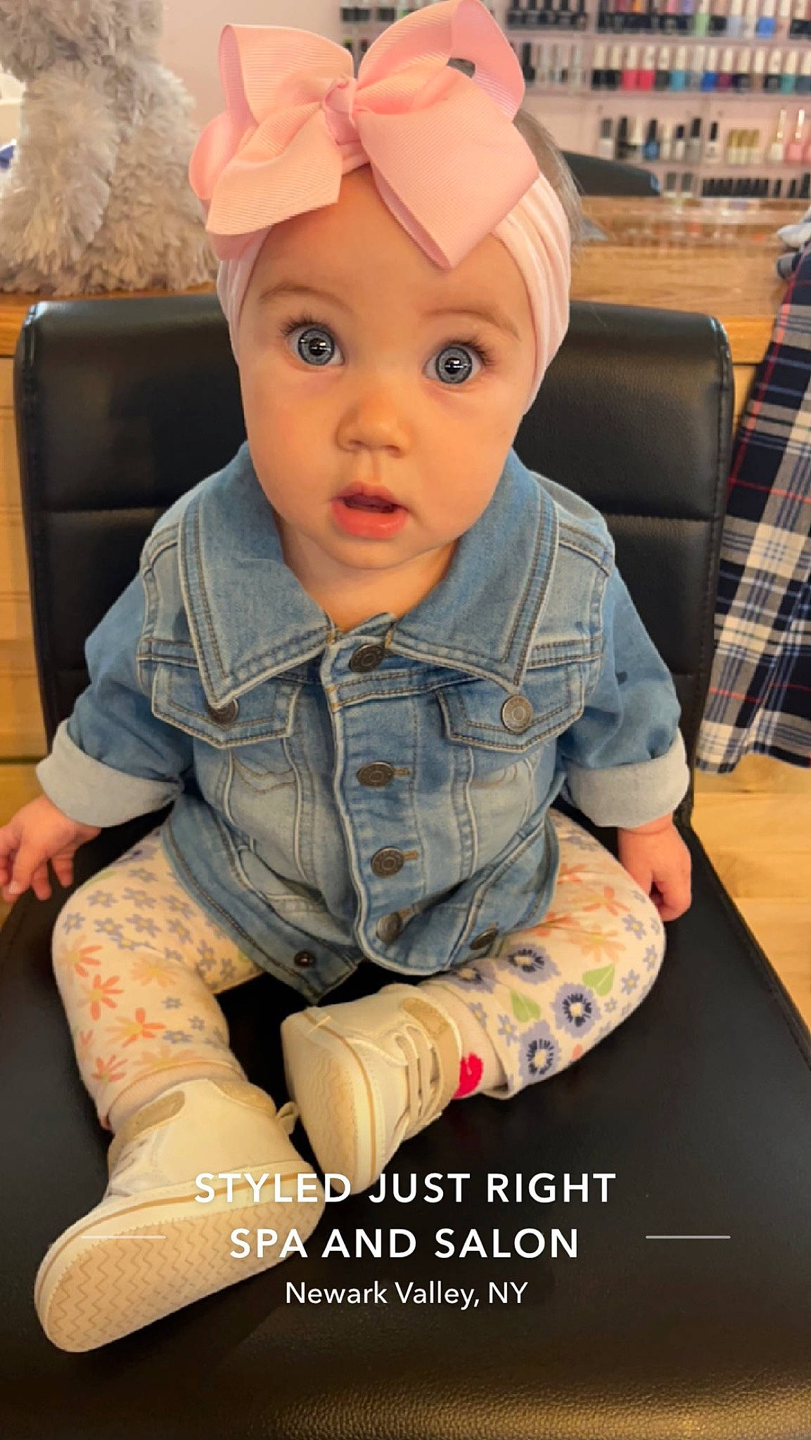 Alora joined the competition — help win amazing prizes! baby, baby_toddler_clothing, blond, cap, cheek, child, cool, fashion_accessory, flooring, fun, headwear, human_leg, knee, pattern, person, plaid, sitting, skin, sleeve, surprise