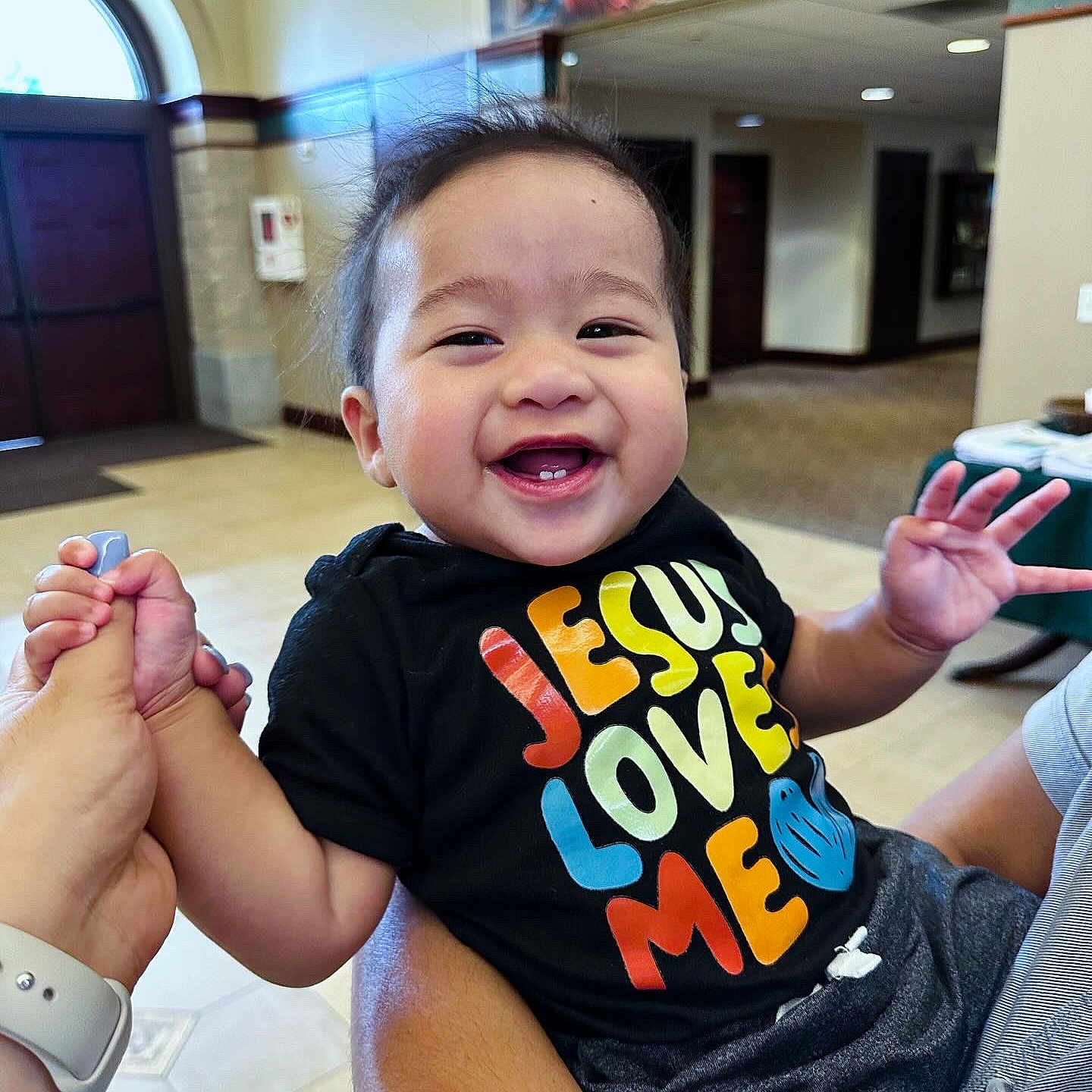 Elijah joined the competition — help win amazing prizes! accessories, architecture, baby, babylaughing, bracelet, building, clothing, face, furniture, happy, head, indoors, jewelry, laughing, pants, person, photography, portrait, smile, t_shirt