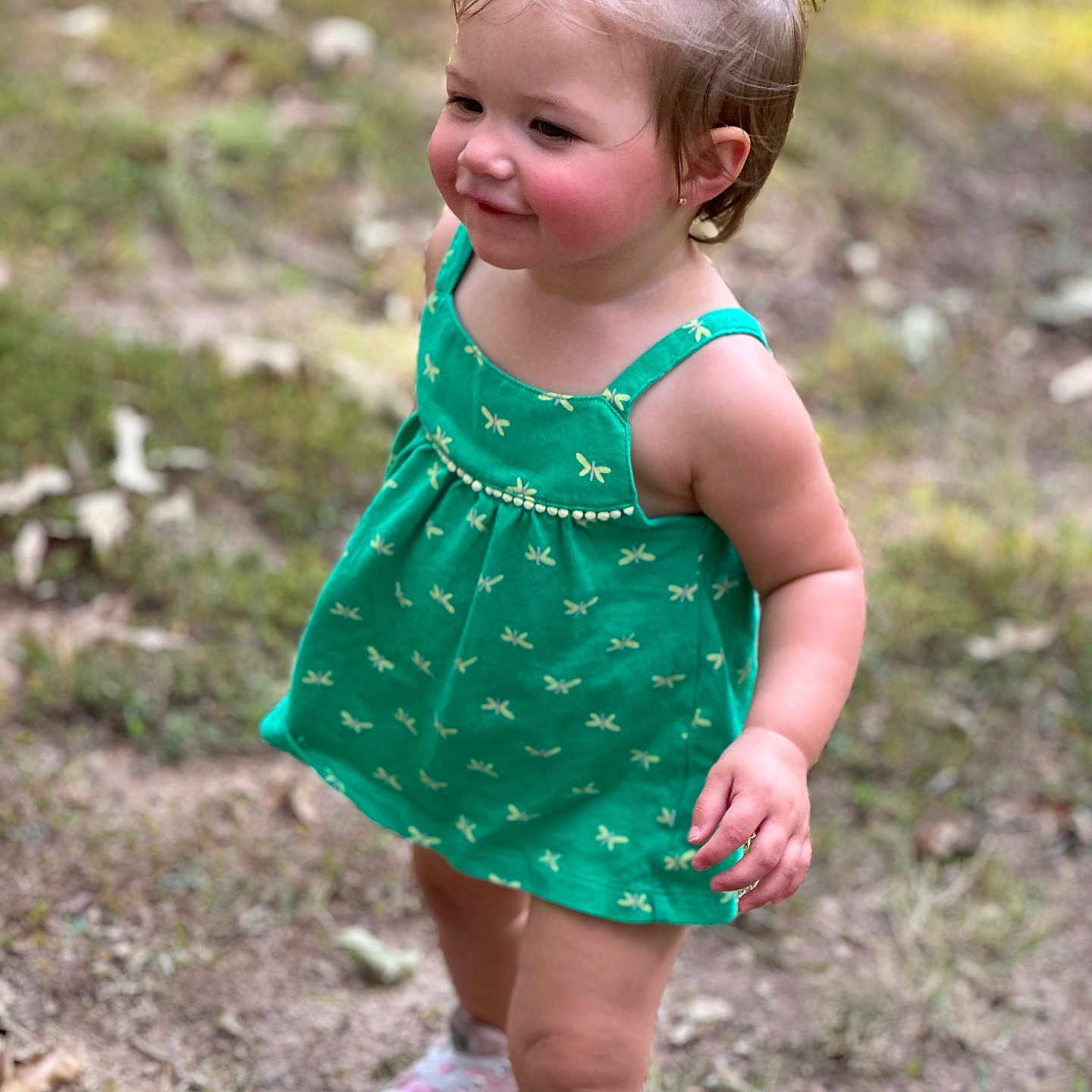 Sailor is registered to the contest to win money with this photo: backyard, child, clothing, dress, face, female, footwear, girl, grass, happy, head, outdoors, person, photography, plant, portrait, sandal, shoe, smile, soil