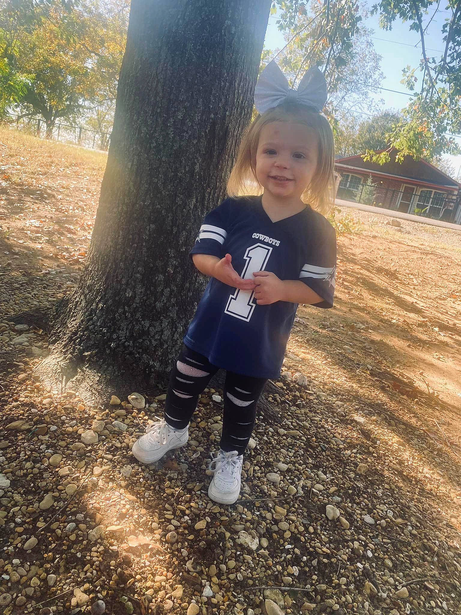 Brenley joined the competition — help win amazing prizes! branch, electric_blue, fun, grass, happy, hat, joy, people_in_nature, person, plant, shade, sky, sleeve, smile, soil, sunlight, t_shirt, tints_and_shades, toddler, tree