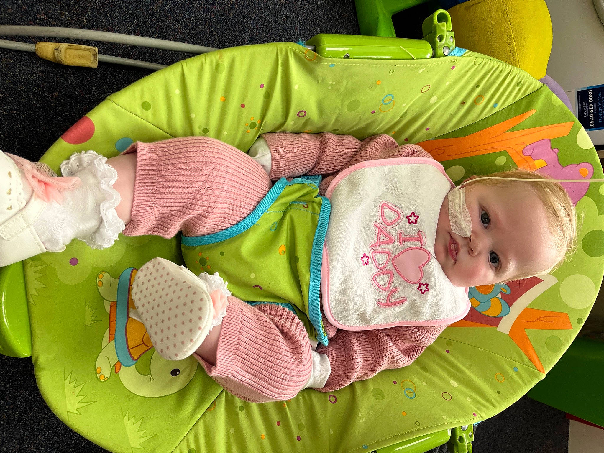 Tara-leigh is registered to the contest to win money with this photo: baby, baby_products, baby_toddler_clothing, baby_toys, child, green, linens, pattern, person, pink, play, smile, sock, stuffed_toy, textile, toddler