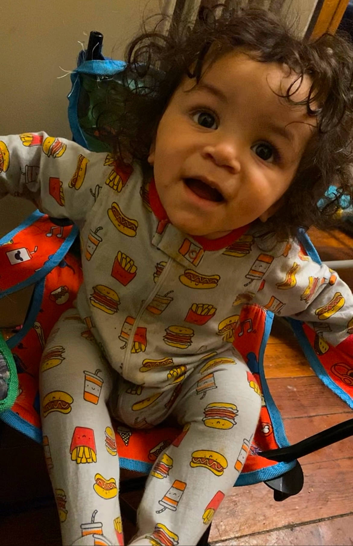 Elijah is registered to the contest to win money with this photo: baby, baby_toddler_clothing, cheek, child, eye, flooring, fun, hair, hairstyle, happy, head, mouth, nose, orange, person, skin, sleeve, smile, surprise, t_shirt