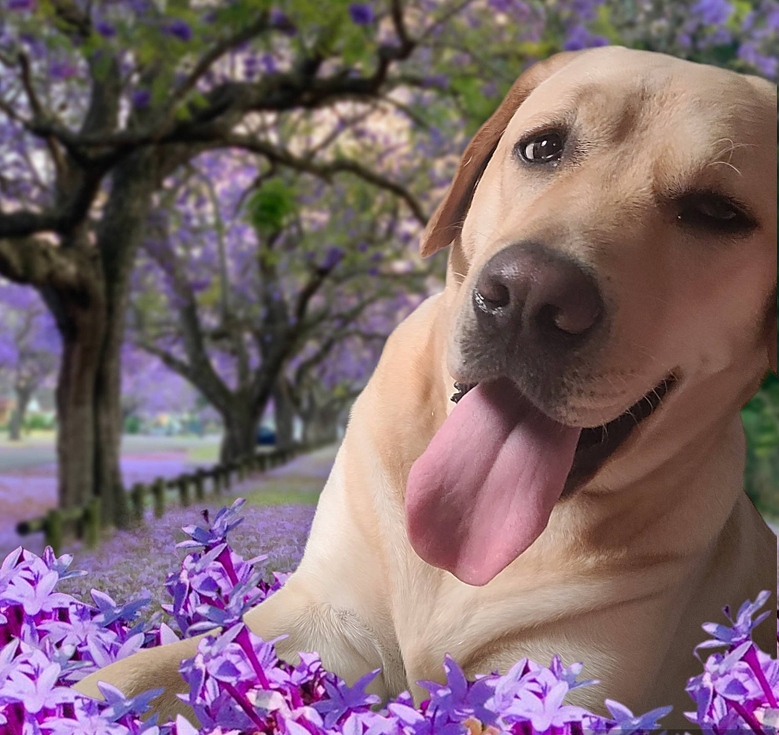 Saïka participe au concours pour gagner de l'argent avec cette photo : carnivore, collar, companion_dog, dog, dog_breed, dog_collar, electric_blue, fawn, flower, gesture, grass, happy, people_in_nature, plant, smile, snout, sporting_group, tree, whiskers, working_animal