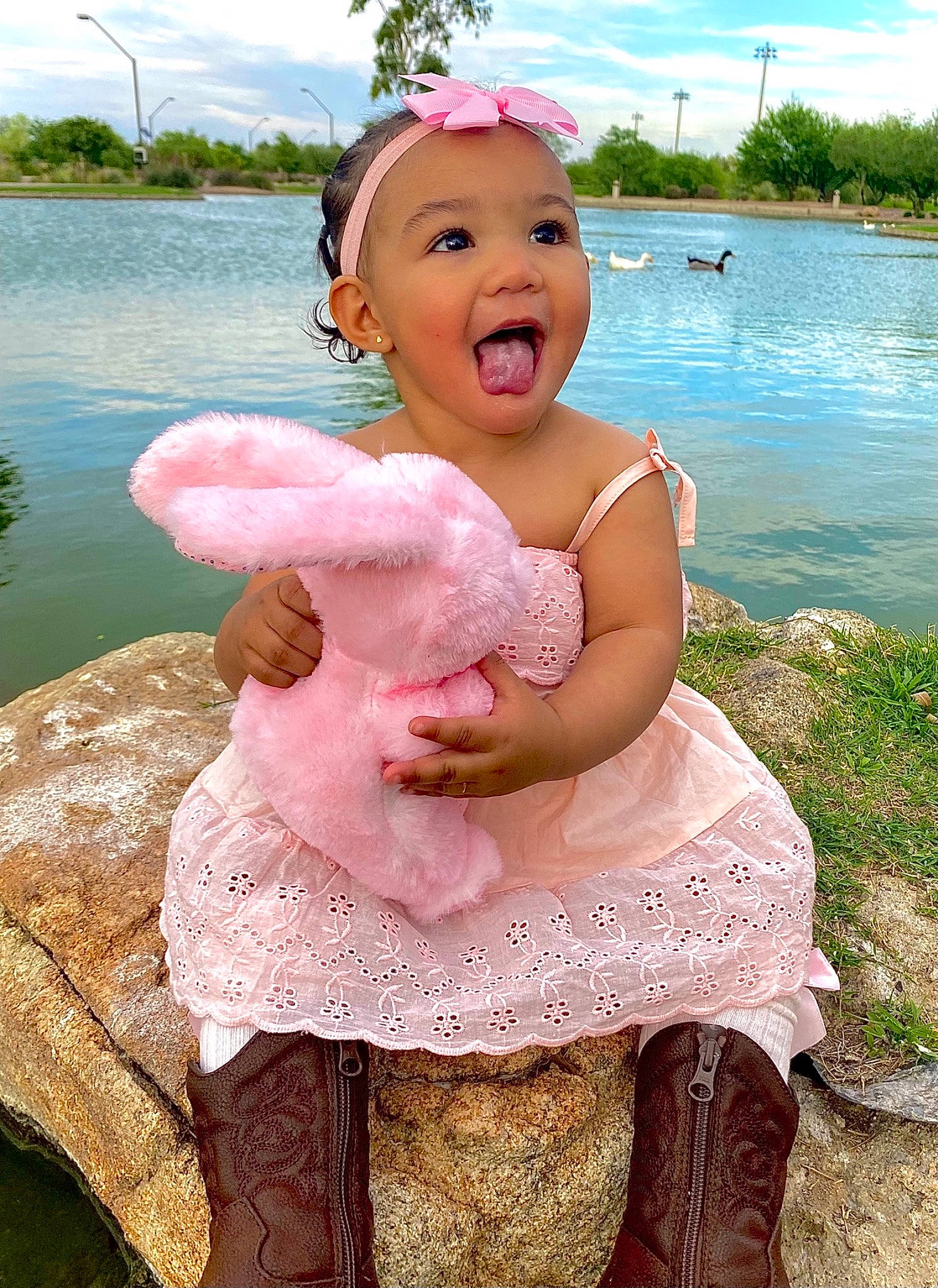Ameliana joined the competition — help win amazing prizes! baby_toddler_clothing, beauty, cloud, dress, embellishment, face, fun, grass, green, happy, headwear, lake, leisure, person, pink, skin, sky, smile, summer, surprise