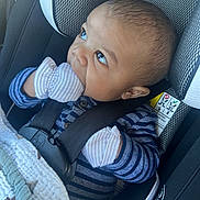 Elias is registered to the contest to win money with this photo: baby, baby_clothes, blanket, car_interior, car_seat, chewing, child, closeup, cute, face, hands, head, indoors, infant, mittens, portrait, seatbelt, sitting, striped_clothing, young_child