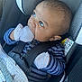 baby, infant, car_seat, mittens, blanket, striped_clothing, child, seatbelt, portrait, cute, closeup, indoors, sitting, car_interior, young_child, face, head, hands, baby_clothes, chewing