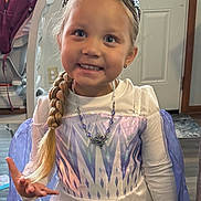 Brynlee joined the competition — help win amazing prizes! child, girl, princess_costume, tiara, braid, smile, indoor, necklace, long_sleeve, purple, white, dress, happy, pose, person, floor, door, home, jewelry, hand