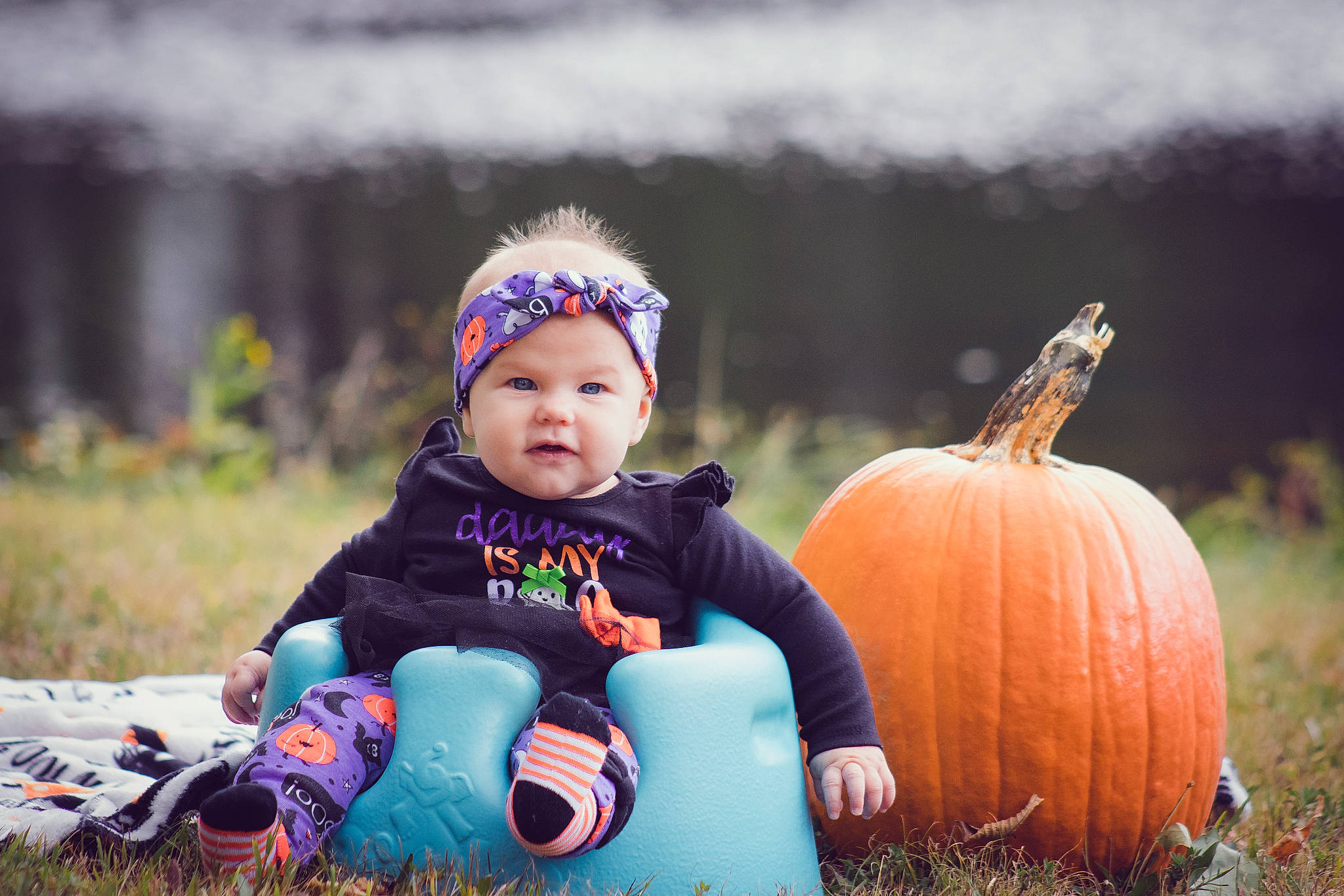 Avyanna joined the competition — help win amazing prizes! baby, calabaza, cucurbita, dress, fun, gourd, grass, happy, headwear, landscape, leisure, mammal, people_in_nature, person, plant, pumpkin, sitting, squash, toddler, tree