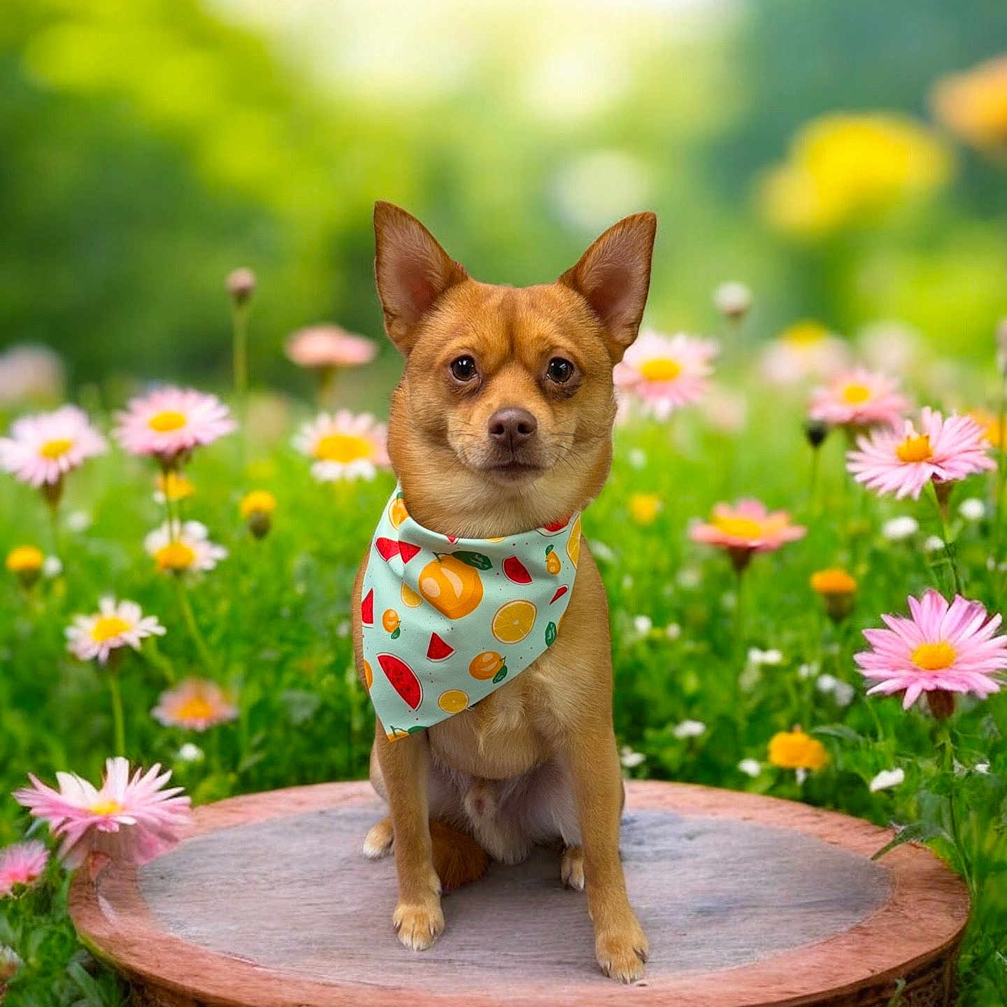 King Kash is registered to the contest to win money with this photo: animal, background_blur, bandana, closeup, colorful, cute, dog, flora, flower, garden, greenery, nature, outdoor, pet, portrait, sitting, small_dog, summer, sunlight, wooden_platform