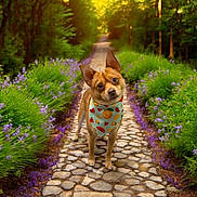 King Kash is registered to the contest to win money with this photo: dog, bandana, path, cobblestone, greenery, flowers, purple_flowers, forest, nature, sunlight, outdoor, pet, cute, head_tilt, curious, walking, small_dog, scenic, summer, colorful