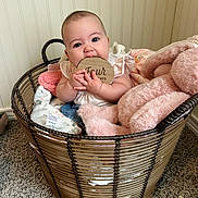 Evelyn joined the competition — help win amazing prizes! baby, basket, blanket, carpet, child, cozy, cuddly, cute, face, hand, indoors, infant, milestone, milestone_marker, plush_toy, sitting, smiling, soft_toys, wicker, wooden_plaque