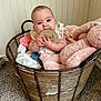 baby, basket, blanket, carpet, child, cozy, cuddly, cute, face, hand, indoors, infant, milestone, milestone_marker, plush_toy, sitting, smiling, soft_toys, wicker, wooden_plaque