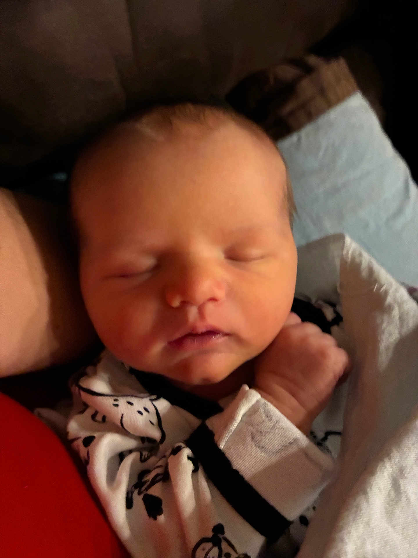 Raynor is registered to the contest to win money with this photo: baby, newborn, sleeping, infant, face, hand, onesie, clothing, blanket, closeup, person, cute, soft, rest, peaceful, skin, head, indoors, warm, cozy