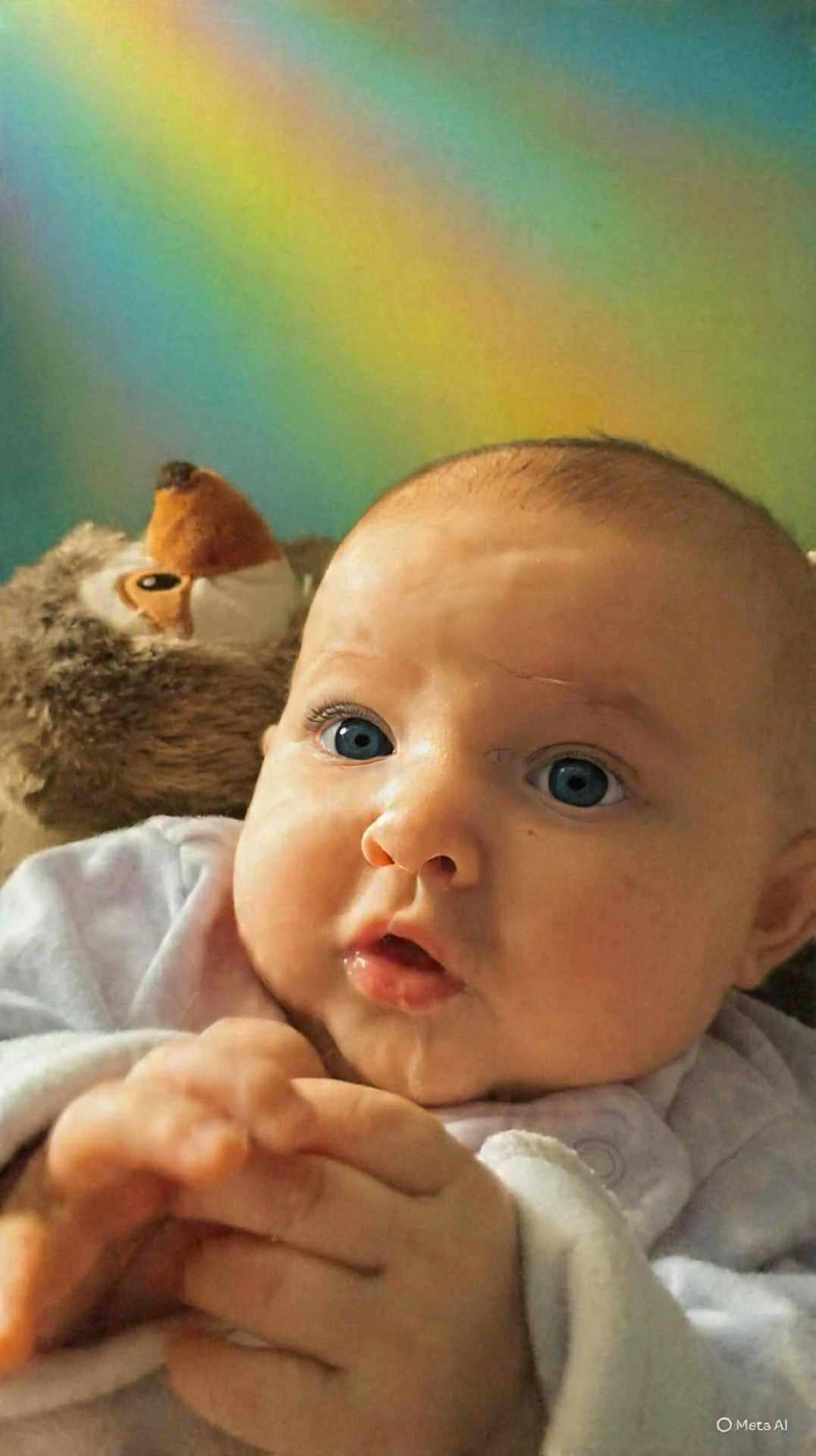 Lakyn joined the competition — help win amazing prizes! baby, infant, hands, face, blue_eyes, stuffed_animal, soft_toys, fuzzy, closeup, curious, cute, chubby, clothing, indoor, portrait, expression, skin, head, background, rainbow_colors