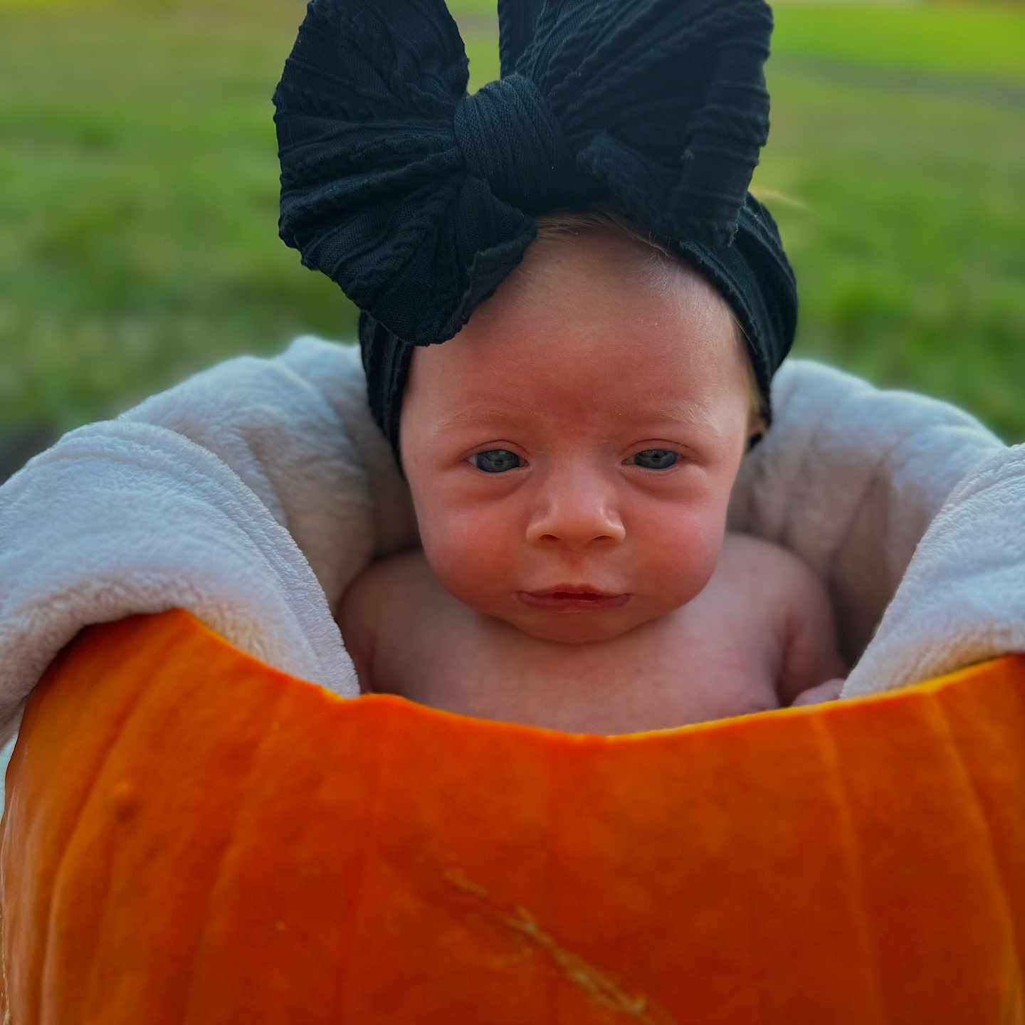 Laylah is registered to the contest to win money with this photo: baby, bodypart, bonnet, clothing, face, food, gourd, hat, head, newborn, person, photography, plant, portrait, produce, pumpkin, scarf, squash, turban, vegetable