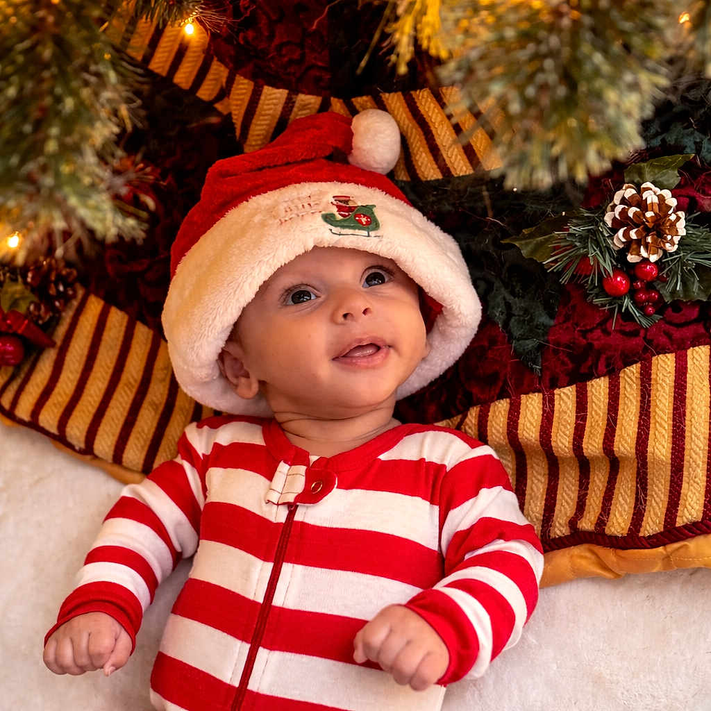 Quincey is registered to the contest to win money with this photo: baby, celebration, child, christmas, christmas_tree, cute, decorations, face, festive, holiday, indoor, joyful, lights, lying_down, pine_cone, portrait, red_and_white, santa_hat, smiling, striped_pajamas