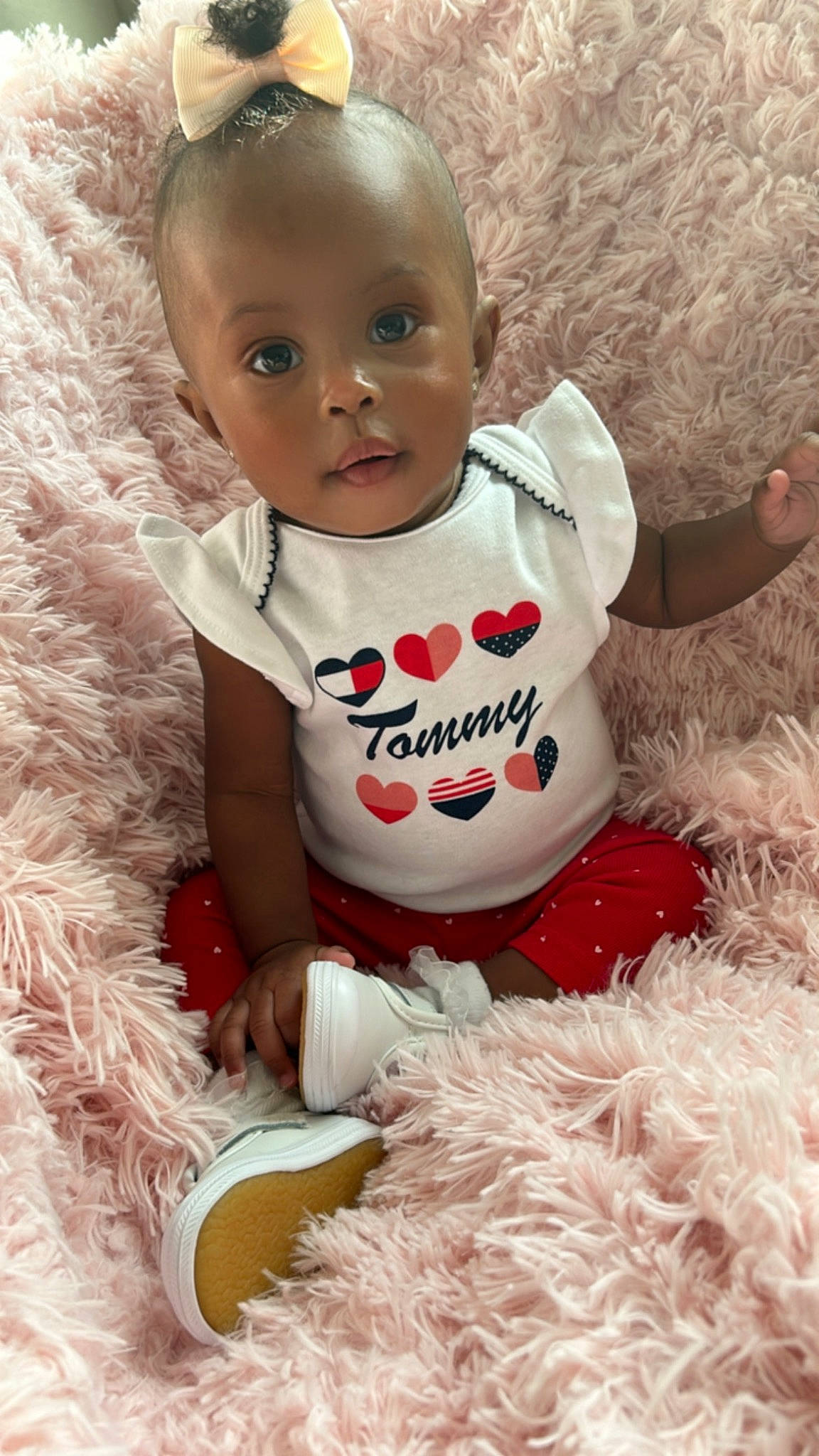 Eden joined the competition — help win amazing prizes! baby, baby_toddler_clothing, carmine, cheek, child, eye, flooring, fun, fur, grass, hair, happy, head, mammal, pattern, person, sitting, sleeve, t_shirt, toddler