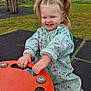 child, toddler, pigtails, rain_suit, playground, orange_handle, grass, outdoor, smiling, happy, play_equipment, cloudy_sky, park, cute, young_child, casual_clothing, fun, daytime, nature, play