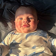 Luca is registered to the contest to win money with this photo: baby, infant, child, portrait, lying_down, bed, blanket, pajamas, clothing, sunlight, indoor, face, blue_eyes, smiling, rosy_cheeks, cozy, bedroom, close_up, photography, relaxed