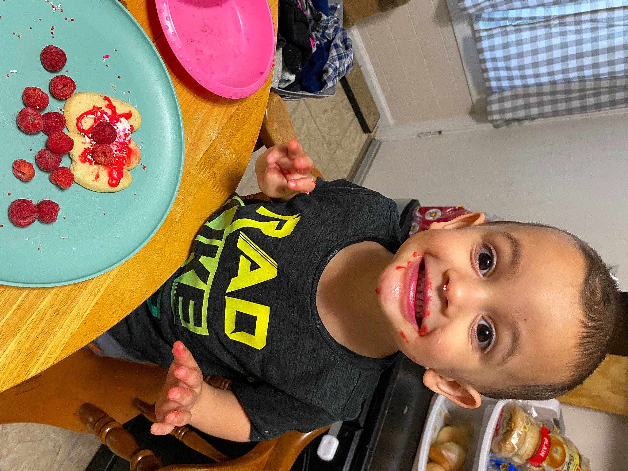 Colten joined the competition — help win amazing prizes! birthday, child, circle, dishware, event, facial_expression, food, fun, happy, joy, leisure, party, party_supply, person, plate, red, room, smile, sweetness, t_shirt