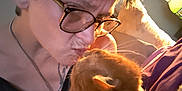Garfield joined the competition — help win amazing prizes! affection, bed, cat, close_up, couch, cute, face, furniture, glasses, hair, indoor, love, necklace, orange_cat, person, pet, pillow, tattoo, warm_lighting, whiskers