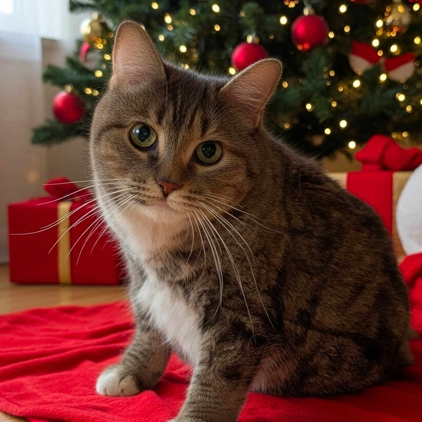 Coco joined the competition — help win amazing prizes! animal, cat, christmas_tree, closeup, cute, decorations, domestic_cat, festive, floor, fur, gift_box, holiday, indoor, ornaments, pet, red_blanket, red_bow, seasonal, tabby_cat, whiskers