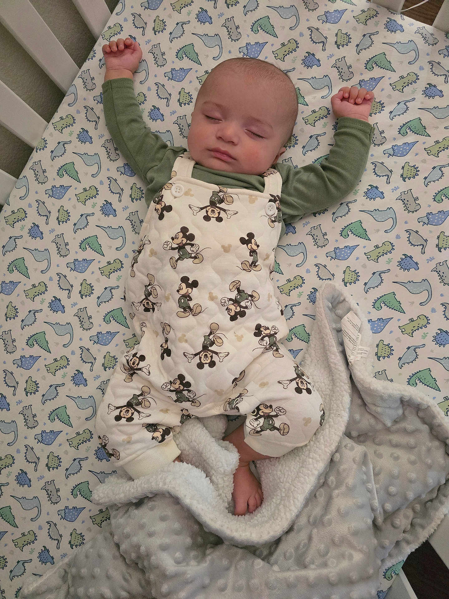 Onofre is registered to the contest to win money with this photo: baby, sleeping, crib, blanket, mickey_mouse, overalls, dinosaur_pattern, infant, child, sleepwear, cute, soft, cozy, resting, bed, footwear, pajamas, peaceful, indoor, toddler