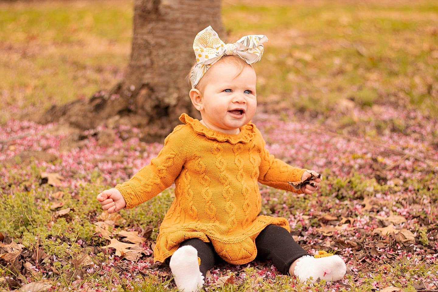 Hadley is registered to the contest to win money with this photo: baby, baby_toddler_clothing, child, dress, eye, fawn, grass, happy, hat, head, landscape, people_in_nature, person, plant, playing_with_kids, sitting, smile, soil, toddler, tree