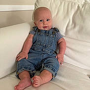 Cillian is registered to the contest to win money with this photo: baby, barefoot, blue_eyes, casual_clothing, child, couch, cozy, curious, cute, denim_overalls, drool, furniture, home_interior, infant, living_room, relaxed, seated, smiling, soft_lighting, striped_shirt