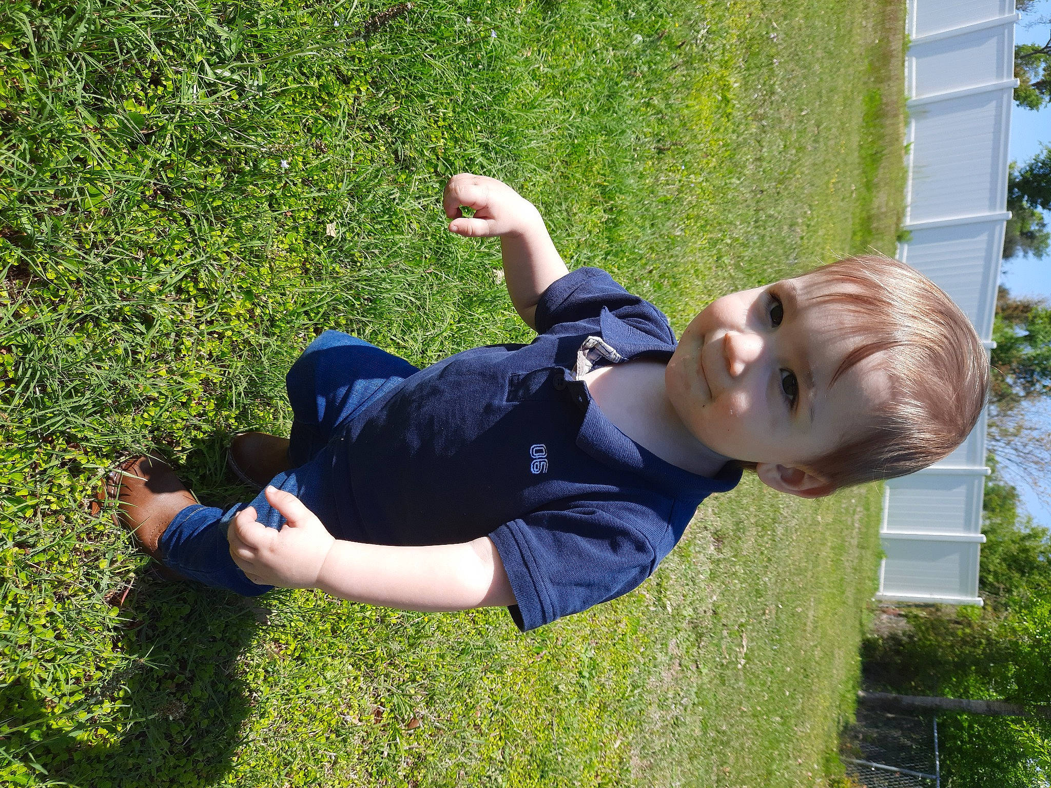 Cole is registered to the contest to win money with this photo: arm, baby, baby_toddler_clothing, child, elbow, fun, garden, gesture, grass, happy, joint, lawn, leisure, people_in_nature, person, plant, recreation, smile, thumb, toddler