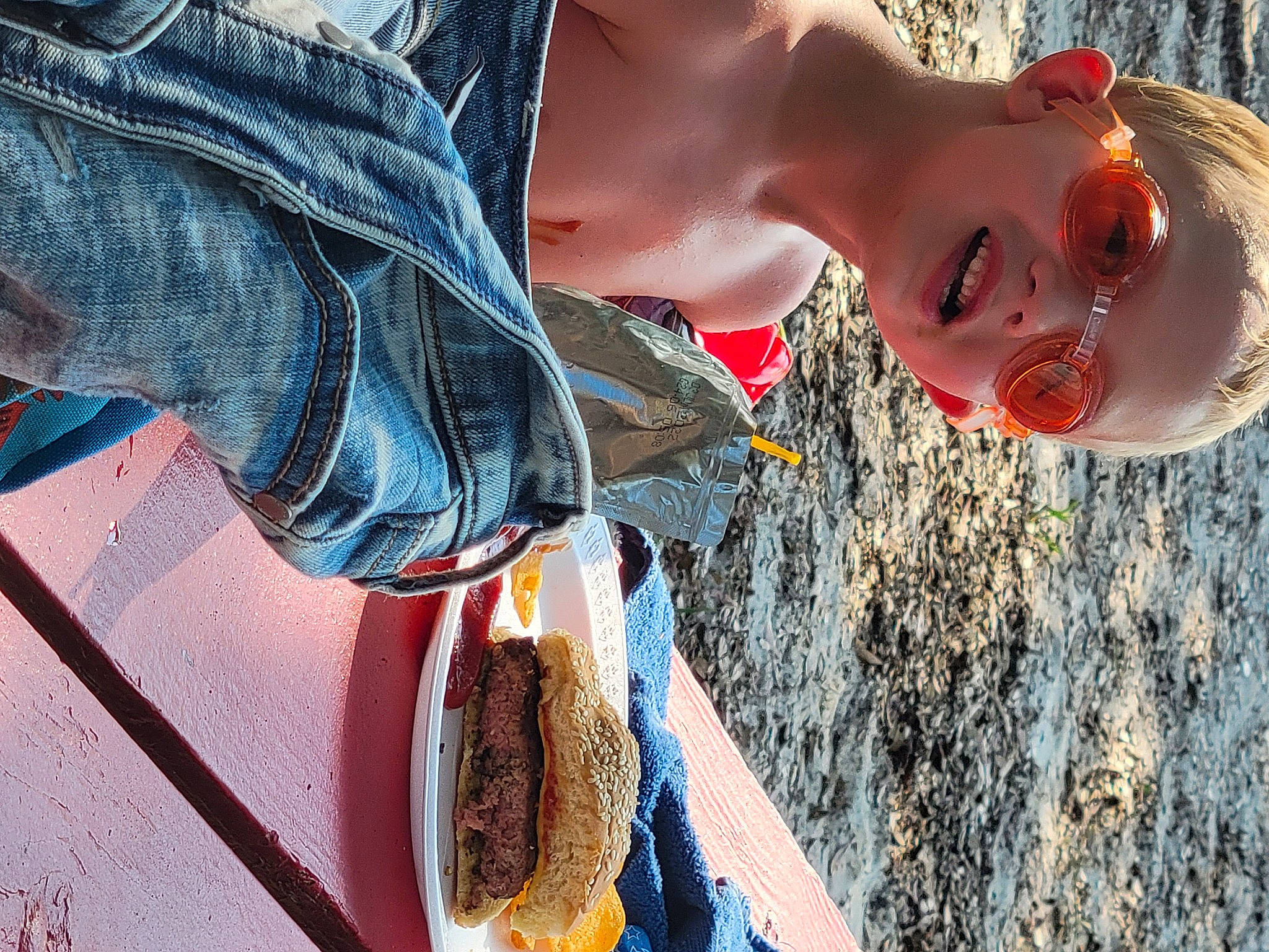 Connor joined the competition — help win amazing prizes! cuisine, denim, electric_blue, eyewear, flash_photography, food, fun, happy, light, orange, pattern, people_in_nature, person, street_fashion, sunglasses, t_shirt, textile, toddler, water, wood