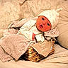 baby, blanket, basket, bed, pillow, hat, infant, cute, soft, cozy, face, person, sleepwear, fabric, indoors, rest, comfort, portrait, newborn, wrapped
