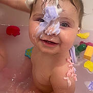 Emberlynn is registered to the contest to win money with this photo: baby, bath, foam, water, tub, toy, child, smile, wet, skin, play, colorful, cute, happy, fun, indoors, cleaning, sitting, face, bubble